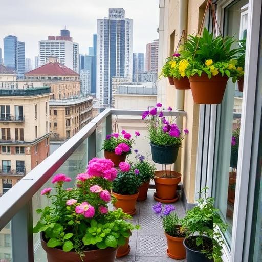 A city balcony turned into a lush mini garden, illustrating the beauty that comes from nurturing oneself and others.