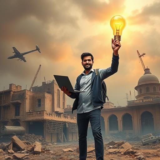 A brave entrepreneur standing amidst a war-torn city's forefront, showcasing courage in adversity.