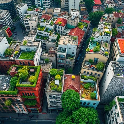 An aerial view of a vibrant city with green rooftops