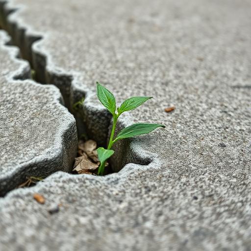 A small green shoot pushing through concrete symbolizing new positive habits