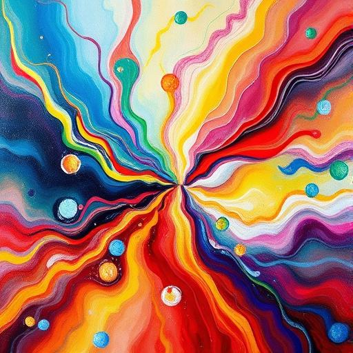 Abstract painting featuring a vivid explosion of colors representing energized action