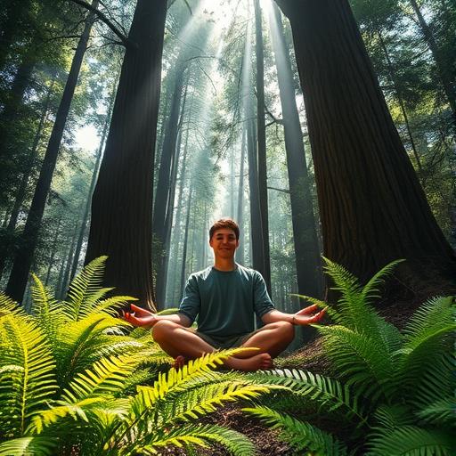 A person sitting cross-legged amidst lush ferns and trees