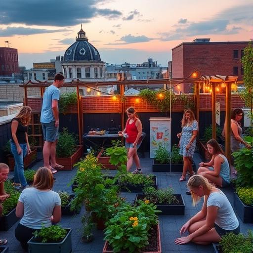 A community rooftop garden during a summer evening, depicting collaboration and growth