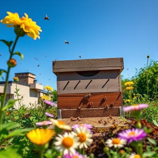 A close-up of a rooftop beehive surrounded by flowering plants, representing the bustling environment of networking.