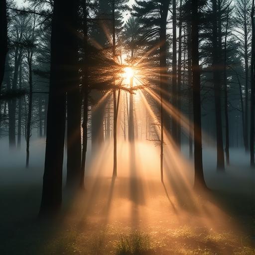 A serene forest at sunrise with mist hovering above, representing peace and gratitude.
