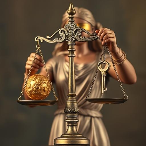 Scale of justice held by blindfolded figure symbolizing balance and consistency