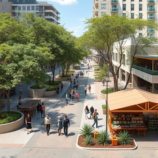 Bustling urban plaza designed with sustainable features
