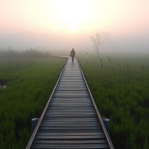 Wooden boardwalk through a marshland, symbolizing steady progress