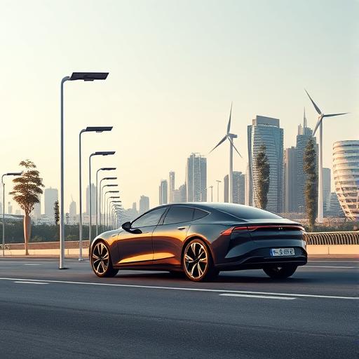 A sleek futuristic electric car gliding along a road reducing financial stress with mindfulness.