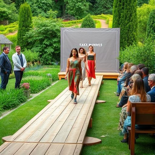 A picturesque outdoor fashion runway set in a lush green background