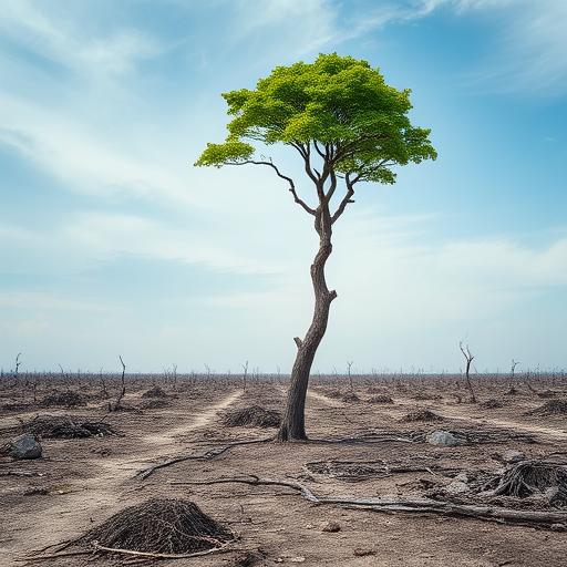 A lone tree standing tall amidst a barren storm ravaged landscape
