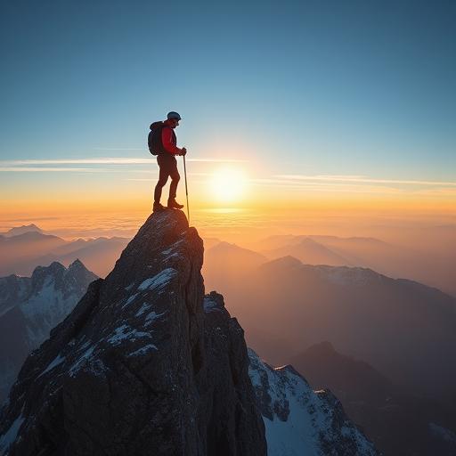 A lone climber standing triumphantly at the summit