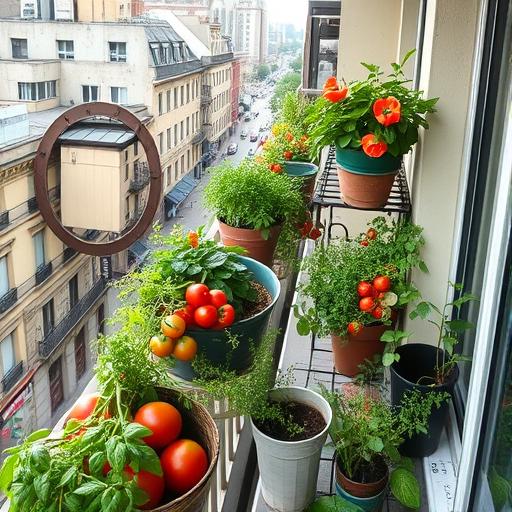 An urban balcony overflowing with pots of herbs and tomatoes