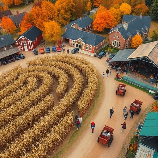 An aerial view of a sprawling autumn festival showcasing community involvement.