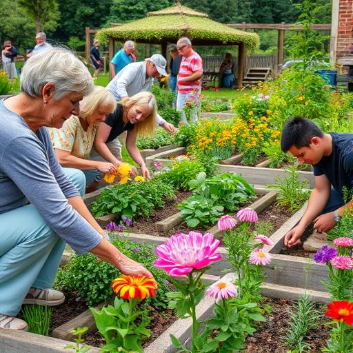 People nurturing a vibrant community garden, symbolizing inner growth and potential