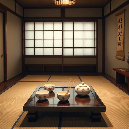 A serene traditional Japanese tea room with tatami mat