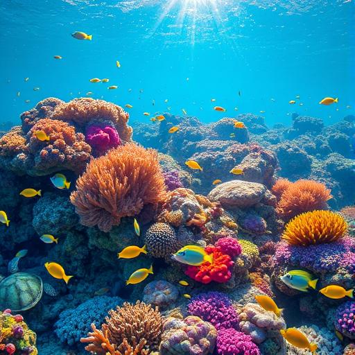 A vibrant underwater scene showcasing a diverse coral reef