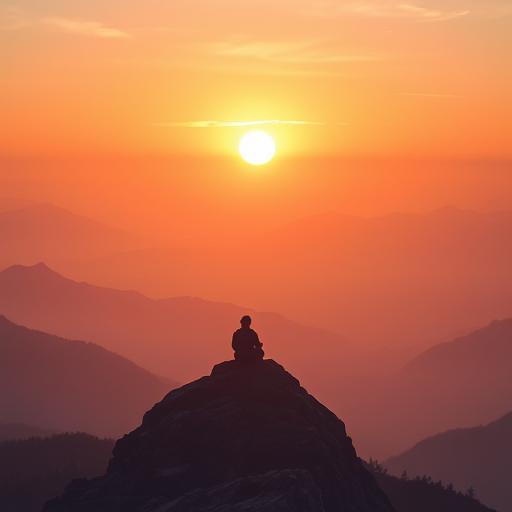 Solitary figure on mountain peak at sunrise, symbolizing inner power and motivation