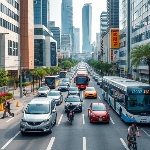 A bustling city street filled with a variety of electronics showcasing modern life
