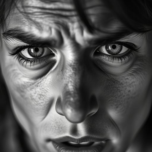 Black and white close-up portrait highlighting subtle facial cues