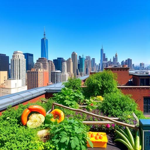 A vibrant rooftop garden in a bustling city filled with greenery