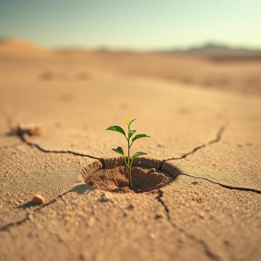 A lone seedling sprouting through a crack in a barren ground symbolizing inner potential