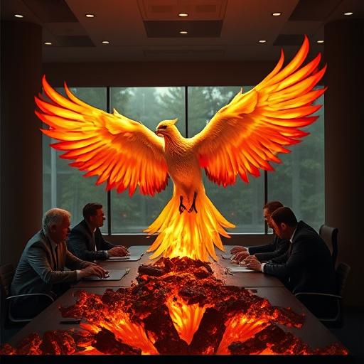 Phoenix rising from ashes in an executive boardroom
