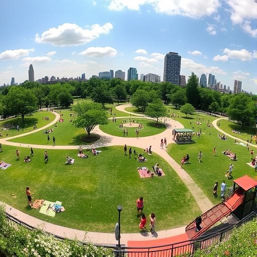 A bustling urban park representing the entrepreneurial journey