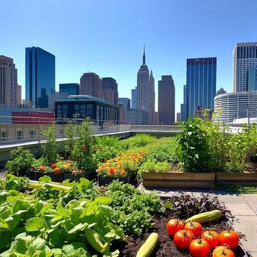 A rooftop garden in a bustling city symbolizing growth and sustainability.