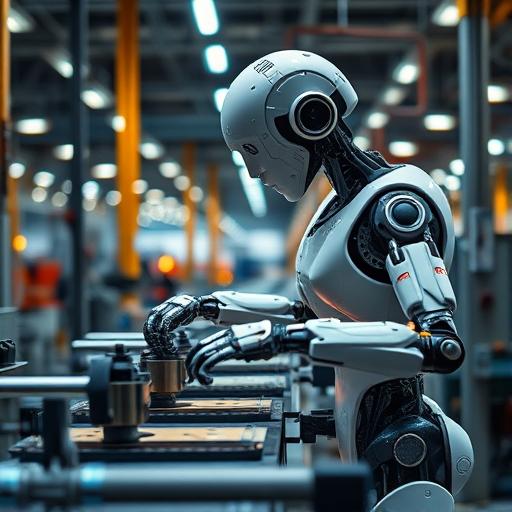A dynamic depiction of a robotic automaton assembling parts, symbolizing disciplined precision.