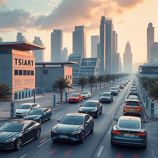 A futuristic cityscape highlighting the dominance of electric cars, symbolizing innovative marketing strategies for side hustles.