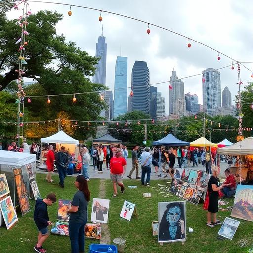 Panoramic scene of an outdoor community art festival.