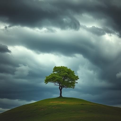 A lone tree on a hill thriving against a backdrop of expansive sky, representing purpose and resilience.