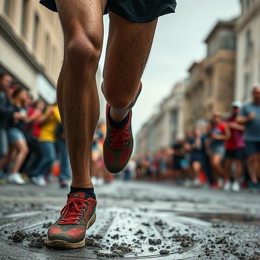 Marathon runner's muddy legs representing perseverance in action