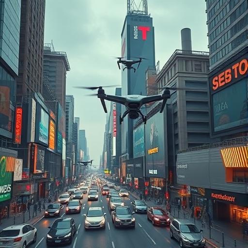 A bustling cityscape in the year 2050 featuring flying cars