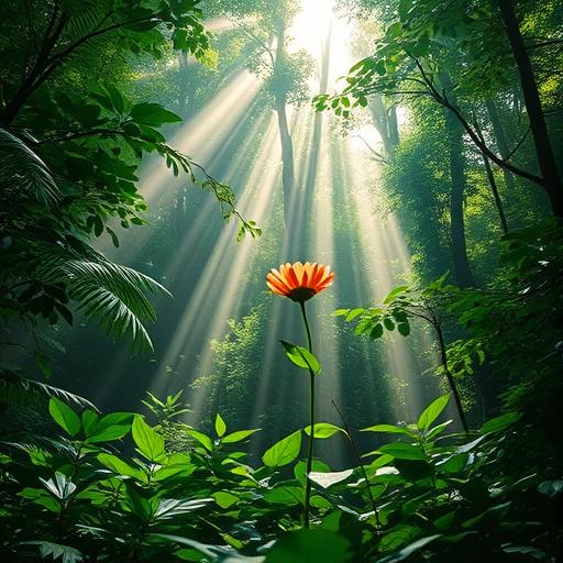 Lush green forest with rays of sunlight symbolizing fresh energy
