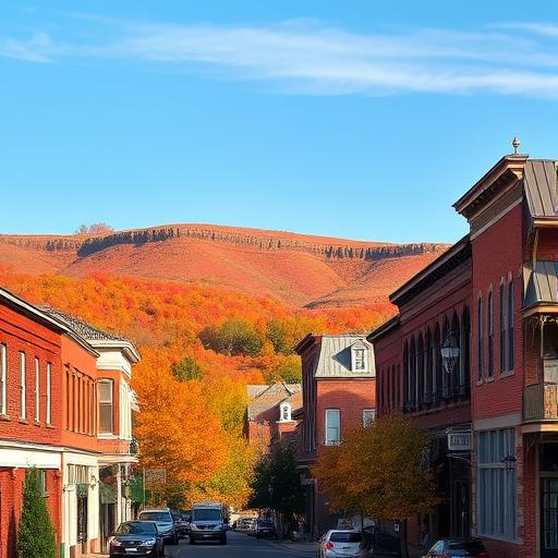A quaint small town street lined with historic brick buildings