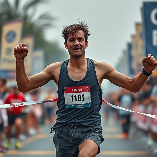 Triumphant individual crossing a finish line with determination
