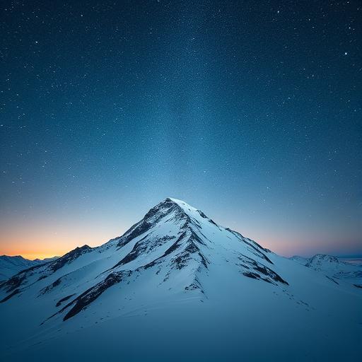 An isolated mountain peak covered in snow under a starry sky
