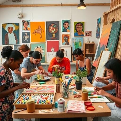 Community art workshop bustling with diverse people building positive habits together
