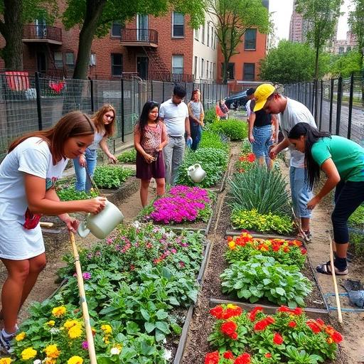 A community garden in an urban neighborhood, symbolizing teamwork and collaboration.