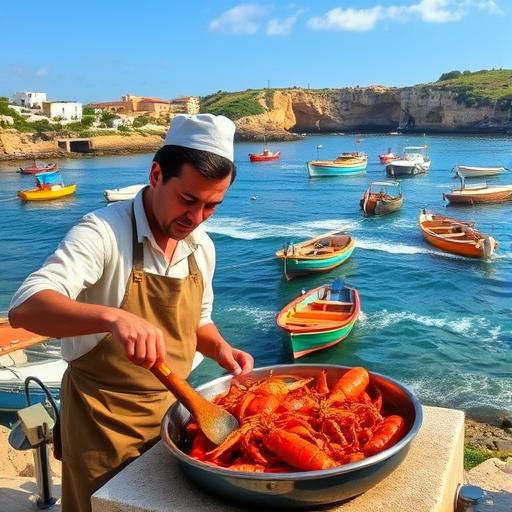 A scenic coastal view of Menorca with a local cook, demonstrating the blend of creativity and life experience.