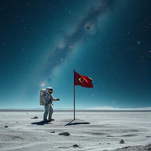A surreal astronaut planting a flag on an alien landscape