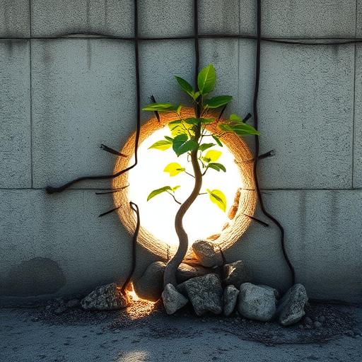 Sapling breaking through concrete toward the sun