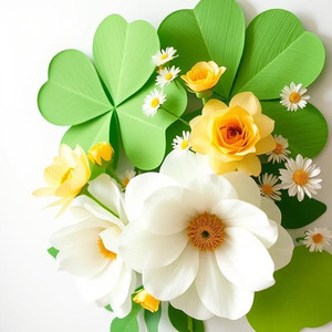 Giant Green Cardstock Paper 4-Leaf Clovers with Giant Crepe paper White roses, Yellow Peonies, Daisies, 4-leaf clover & flower combination
