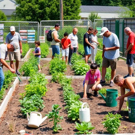 Diverse individuals collaborating in a community garden symbolizing support
