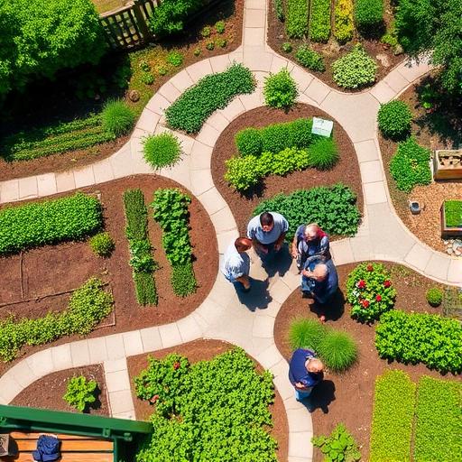 An overhead view of a community garden showing organized growth representing planning and structure.