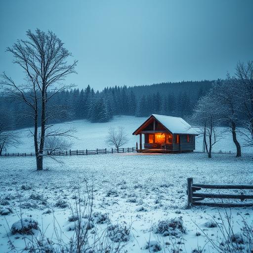 A peaceful countryside landscape during the first snowfall