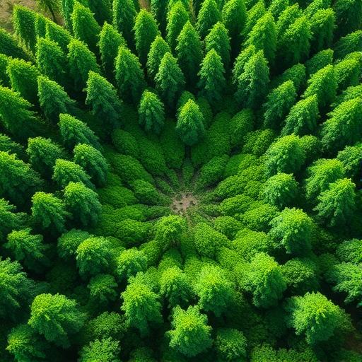 A lush green forest expanding into a structured geometric pattern representing growth