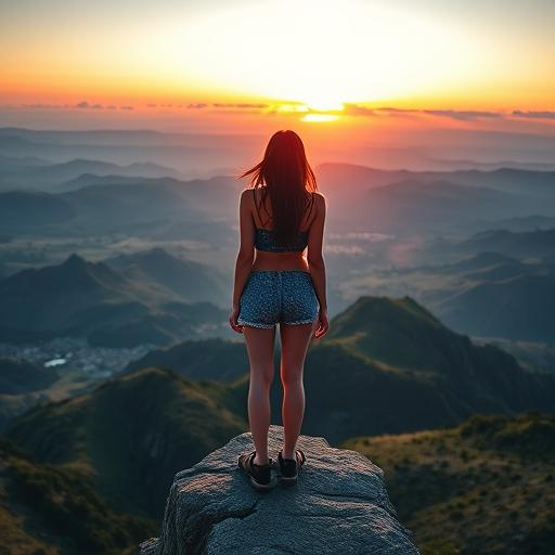 Young woman standing at the edge of a cliff symbolizing courage to face fears